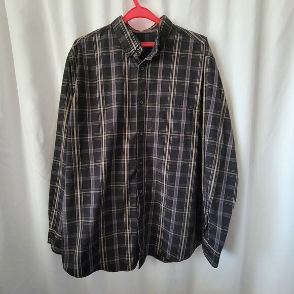 Men's Button Down XLT Shirt Plaid Black Tan Basic Editions Easy Care TALL EUC - Picture 1 of 8
